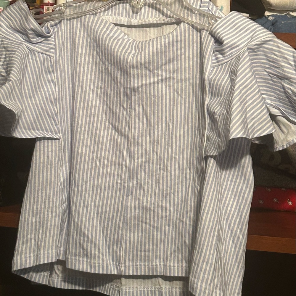 Zara Blue and White Flutter Sleeve Blouse